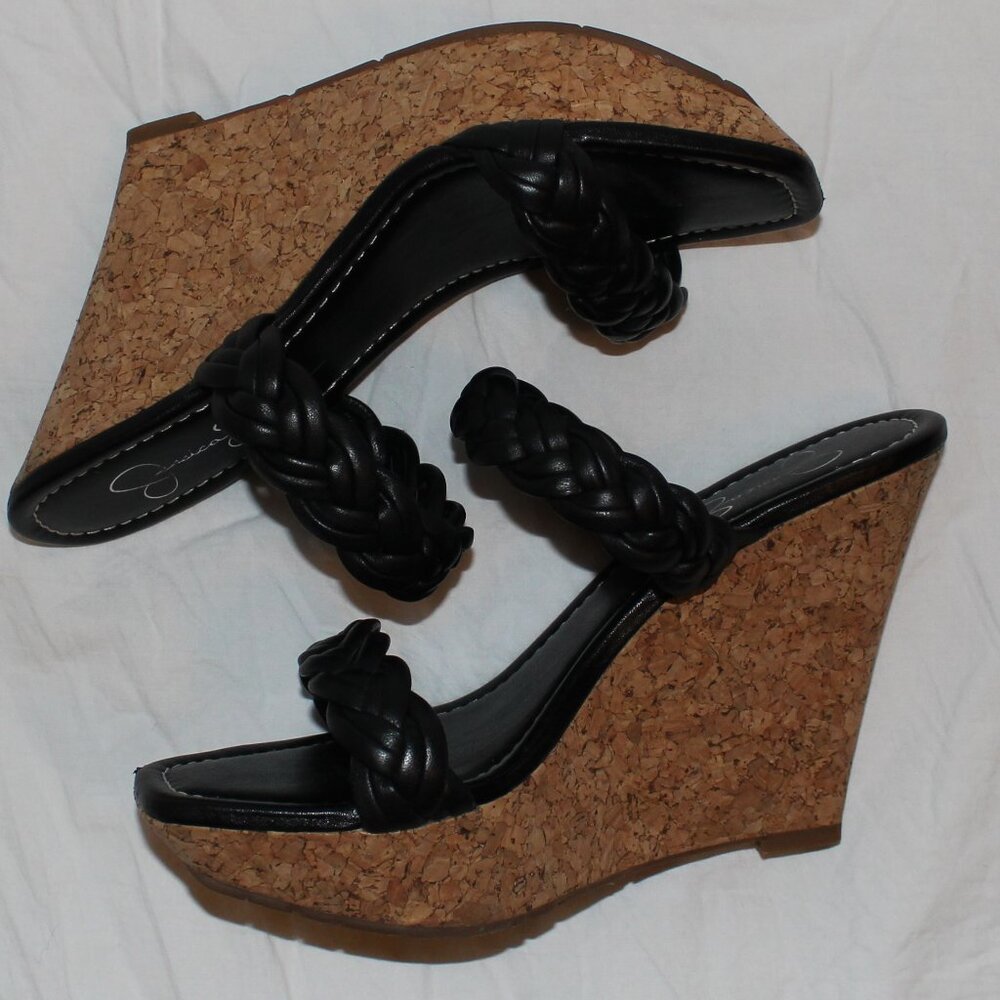 Jessica Simpson Black Leather Braided 2-Strap Cork Platform Wedge Sandals - Picture 7 of 16